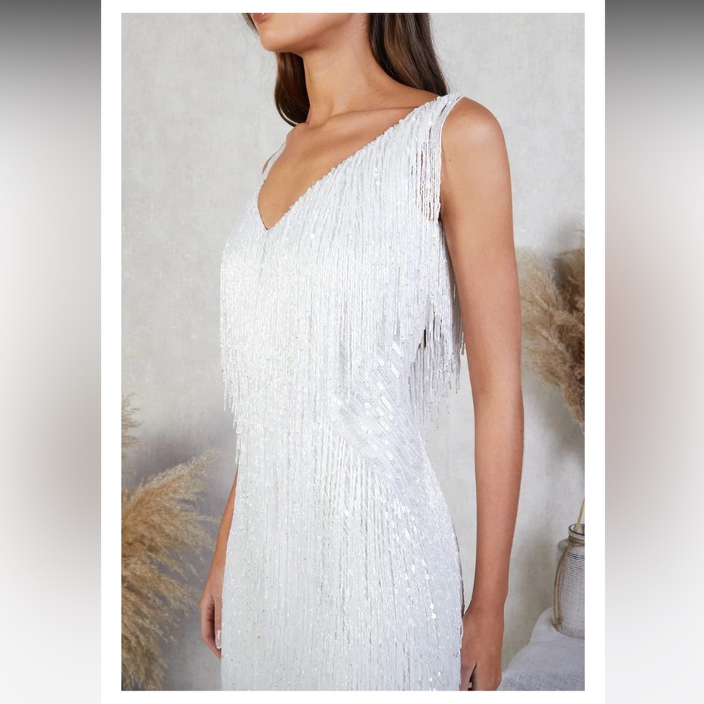 Nadine Merabi white sparkle fringe dress Sadie